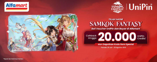Beli Voucher UniPin di Alfamart, Dapat Cashback hingga 20.000 UniPin Credits + Kode Item Spesial dari Samkok Fantasy!
